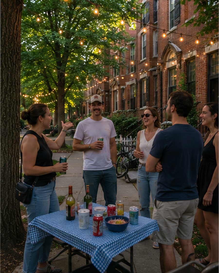 Neighbors talking over drinks at a summer block party on a Chicago street