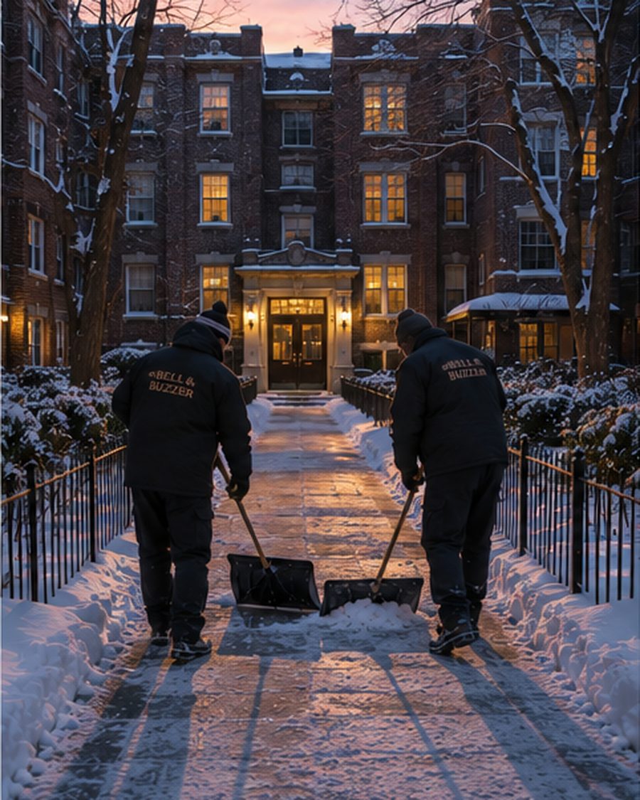 Bell & Buzzer crew shoveling a courtyard building's walk at dawn