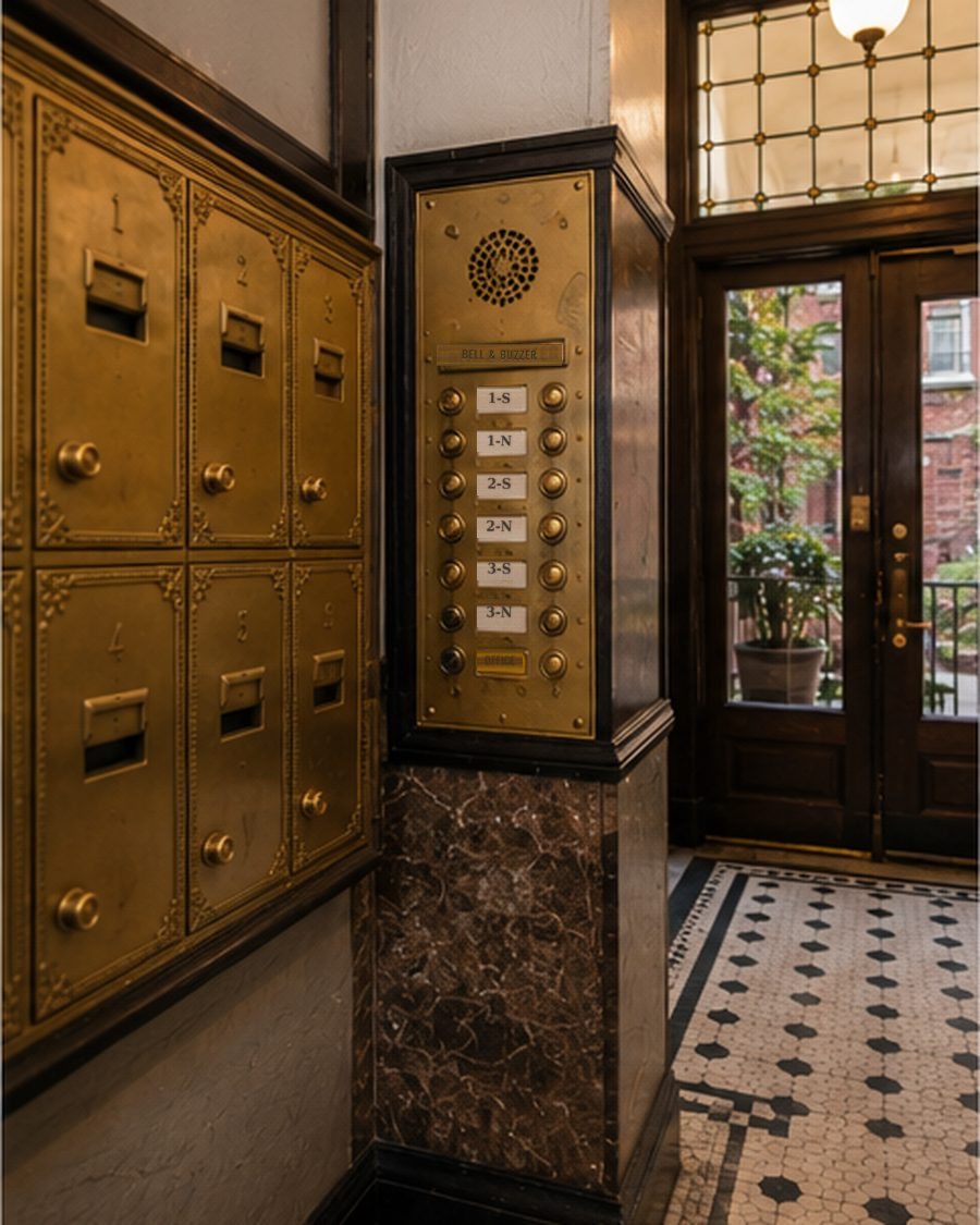 Brass mailboxes and a Bell & Buzzer intercom panel in a vintage Chicago vestibule